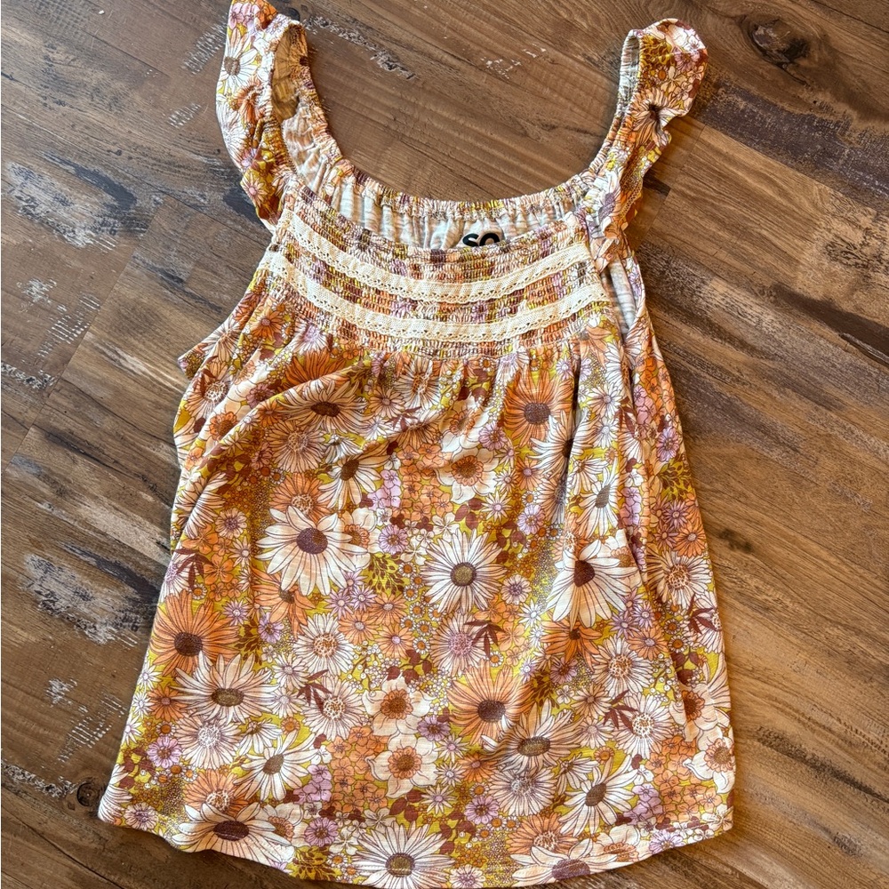 SO Orange Floral Smocked Strap Tank